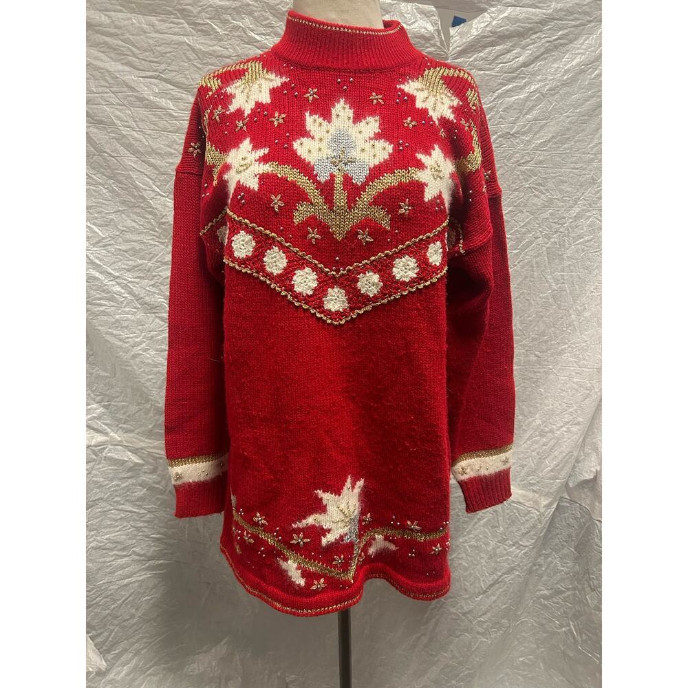 Vintage Dana Scott  Beaded Women Size Large White, Red, Gold, and Silver Sweater